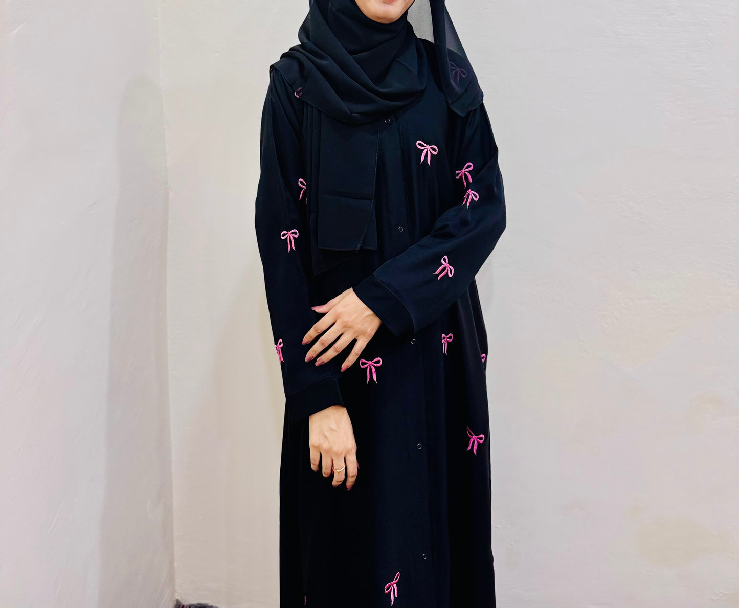 Black Pink Bow abaya