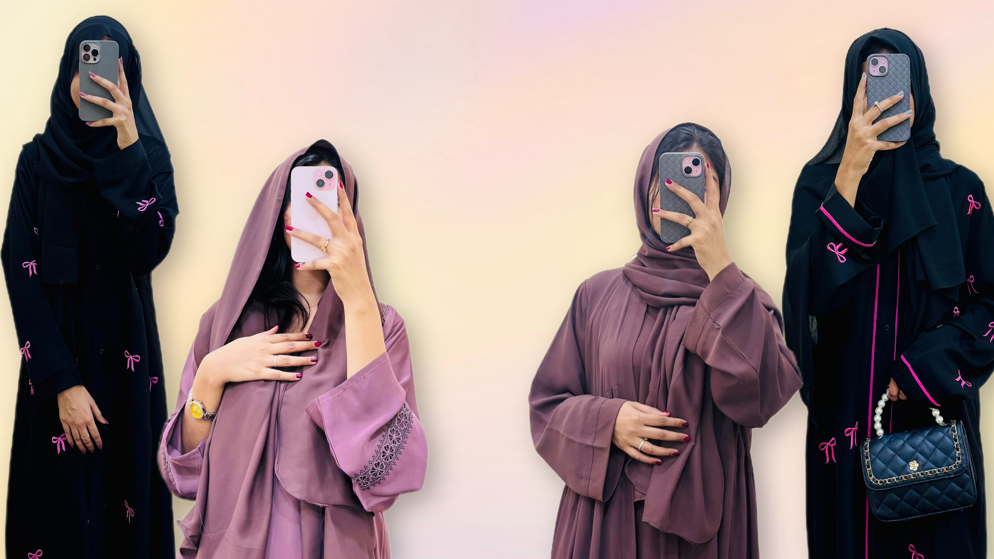 Four images of a person wearing a hijab with different color options on a gradient background.